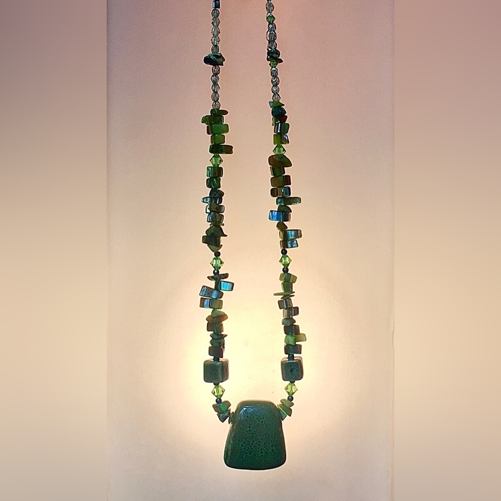 Ceramic jade tone pendant on semi precious gemstone beaded chain of earth tones